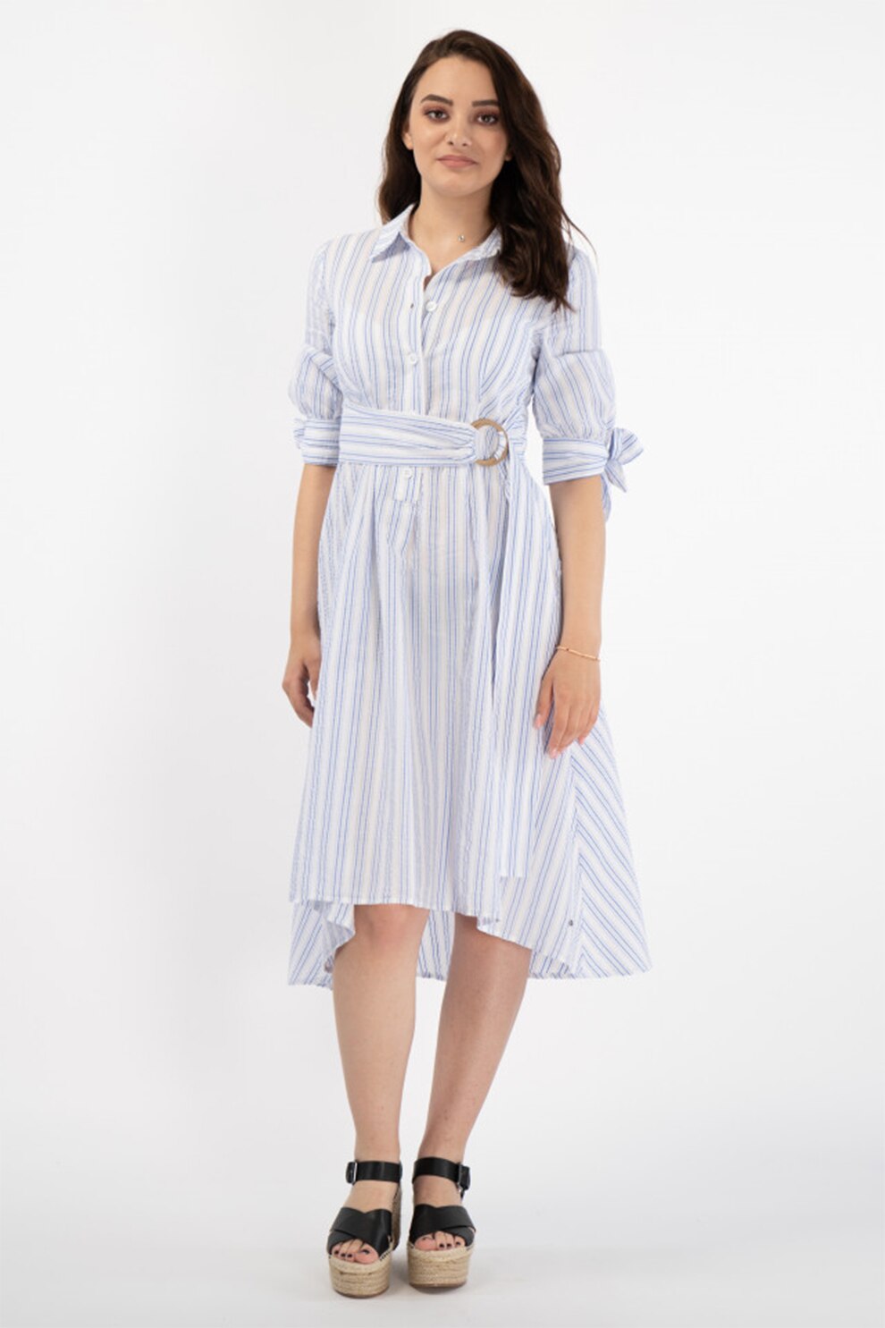 Lee Cooper, Rochie-camasa in dungi cu cordon nedetasabil in talie, Alb/Albastru