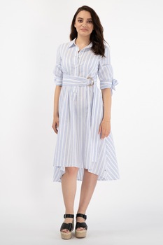 Lee Cooper, Rochie-camasa in dungi cu cordon nedetasabil in talie, Alb/Albastru Lee Cooper, Rochie-camasa in dungi cu cordon nedetasabil in talie, Alb/Albastru