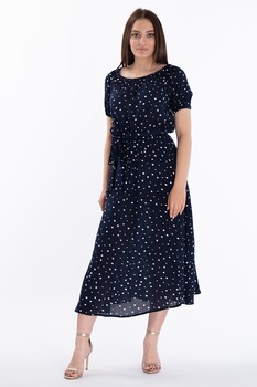 Lee Cooper, Rochie midi vaporoasa cu model cu buline, bleumarin inchis, alb, XS Lee Cooper, Rochie midi vaporoasa cu model cu buline, bleumarin inchis, alb, XS