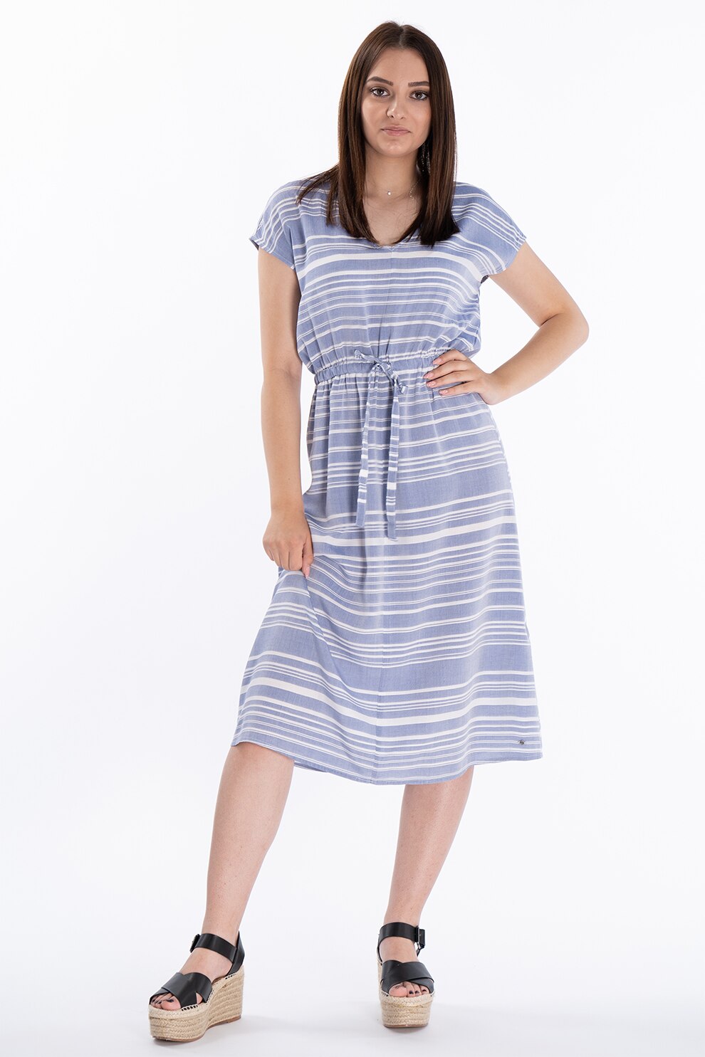 Lee Cooper, Rochie in dungi cu decolteu in V, albastru azur, alb