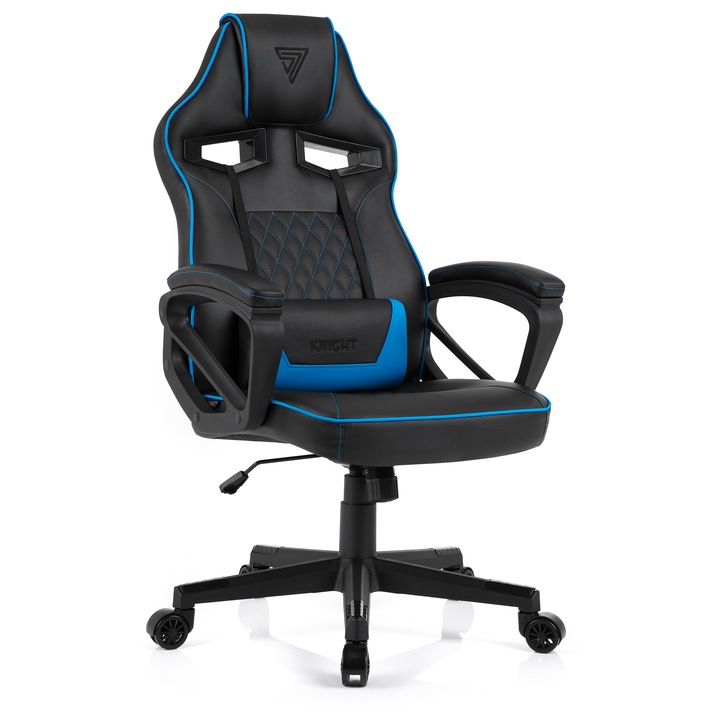 Scaun gaming SENSE7 Knight, Piele Ecologica HDE™, Greutate maxima: 120 kg, cu suport lombar, cu perna tetiera, spatar fix, rotativ, Negru/Albastru