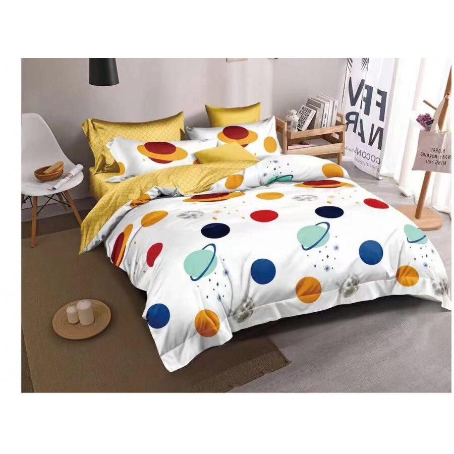 Lenjerie cu elastic de pat dublu, finet, 6 piese, Ralex Pucioasa, Planete V02