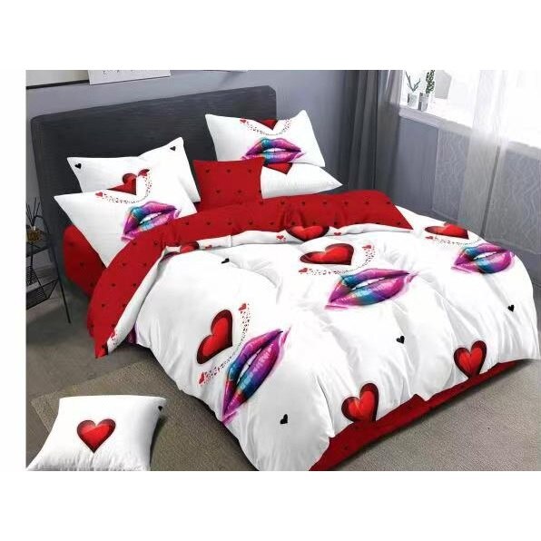 Lenjerie cu elastic de pat dublu, finet, 6 piese, Ralex Pucioasa, Inimioare Multicolore