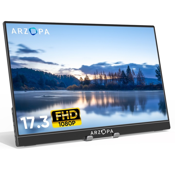 Monitor portabil ARZOPA, 17.3", 1080P, sRGB, FHD, HDR, IPS, HDMI, USB C Type C, Difuzor dual, Foarte subtire, Negru