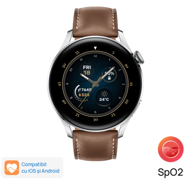 Ceas smartwatch Huawei Watch 3, 46 mm, Classic, Brown Leather