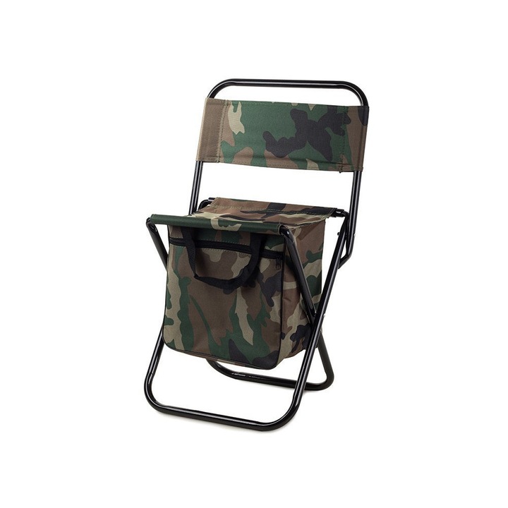 Scaun de pescuit pliabil, Zola®, cu geanta termica, spatar, manere pentru transportat, model army