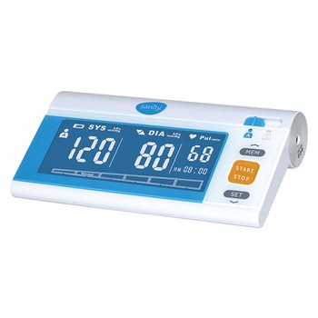 Tensiometru electronic de brat Sanity Senior, 120 seturi de memorie, tehnologie FDS, produs validat clinic, Alb/Albastru Tensiometru electronic de brat Sanity Senior, 120 seturi de memorie, tehnologie FDS, produs validat clinic, Alb/Albastru