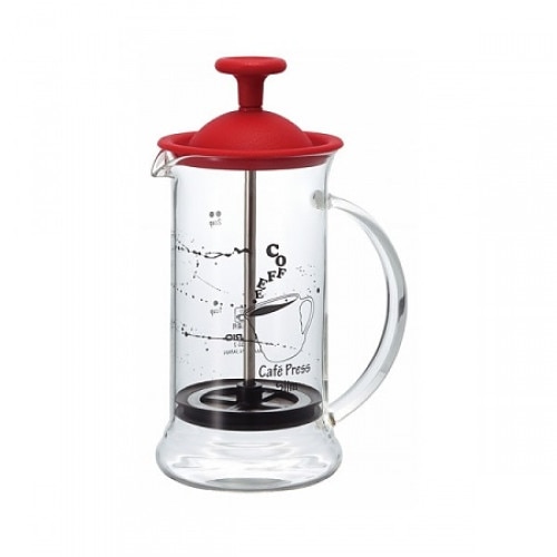 Presa franceza Hario, Sticla, Transparent/Rosu, 0.2 l
