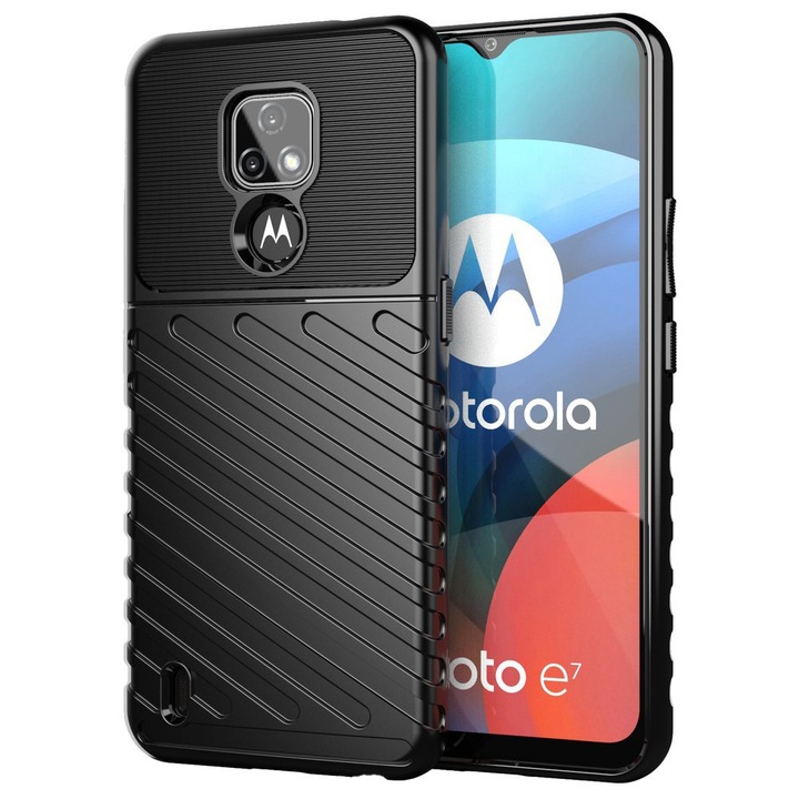 Противоударeн гъвкав калъф, съвместим с Motorola Moto E7 Plus, G-Tech Rugged Thunder, Елегантна текстура, Черен