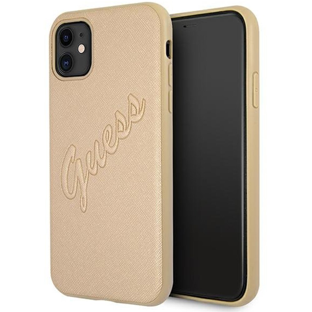 Husa Piele Guess Saffiano Vintage Script pentru Apple iPhone 11, Aurie GUHCN61RSAVSLG