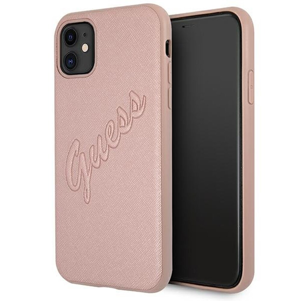 Husa Piele Guess Saffiano Vintage Script pentru Apple iPhone 11, Roz Aurie GUHCN61RSAVSRG