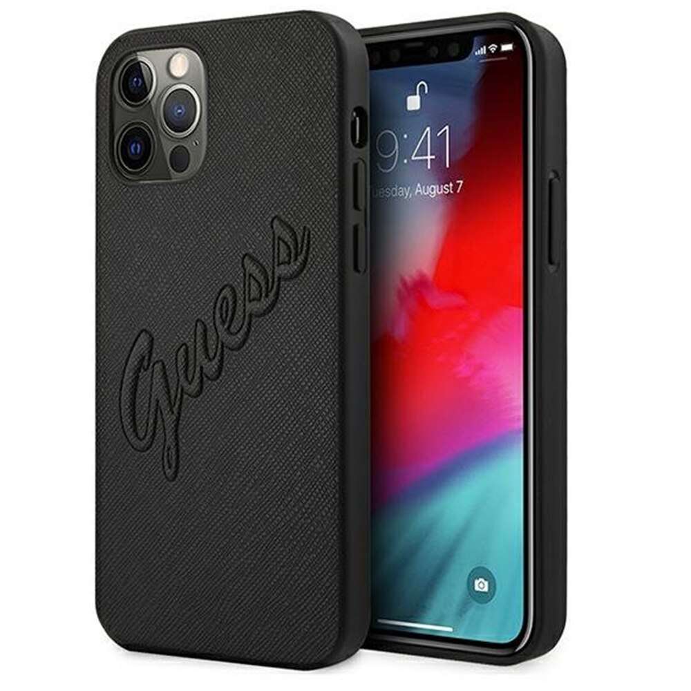 Husa Piele Guess Saffiano Vintage Script pentru Apple iPhone 12 Pro Max, Neagra GUHCP12LRSAVSBK