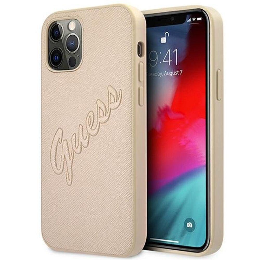 Husa Piele Guess Saffiano Vintage Script pentru Apple iPhone 12 Pro Max, Aurie GUHCP12LRSAVSLG