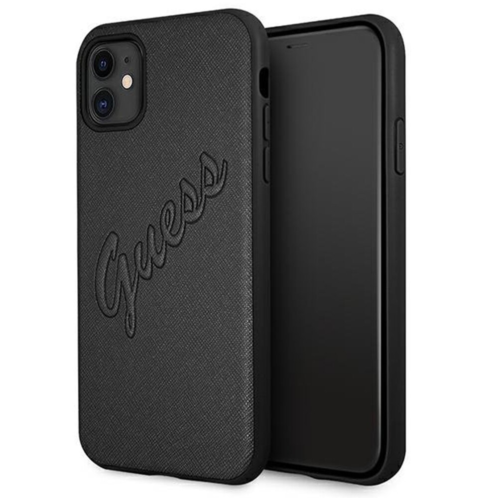 Husa Guess Saffiano Vintage Script compatibila cu iPhone 11, Negru