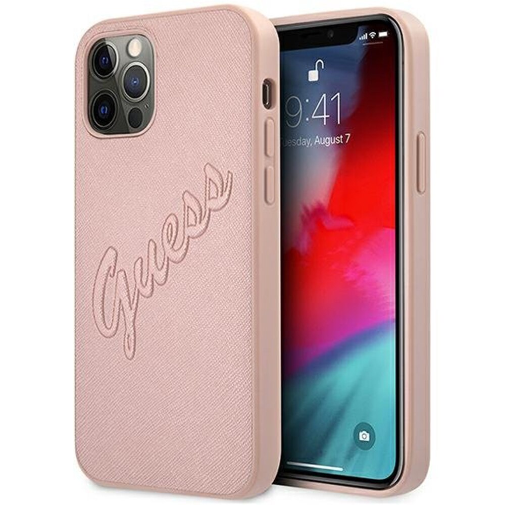 Husa Guess Saffiano Vintage Script compatibila cu iPhone 12 Pro Max, Roz