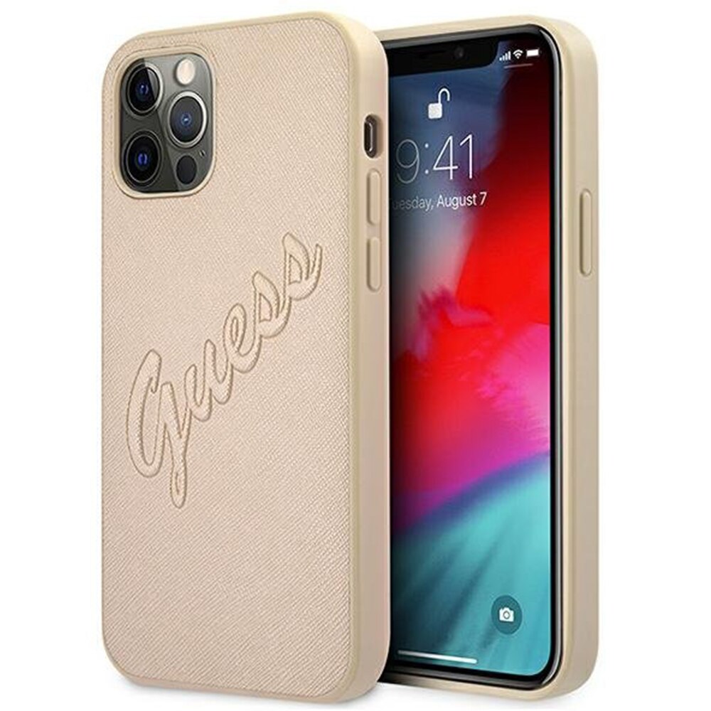 Husa Piele Guess Saffiano Vintage Script pentru Apple iPhone 12 / Apple iPhone 12 Pro, Aurie GUHCP12MRSAVSLG
