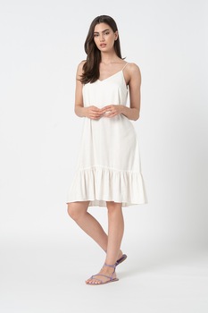 Marc O'Polo, Rochie midi din amestec de in cu decolteu in V, Alb prafuit, S Marc O'Polo, Rochie midi din amestec de in cu decolteu in V, Alb prafuit, S