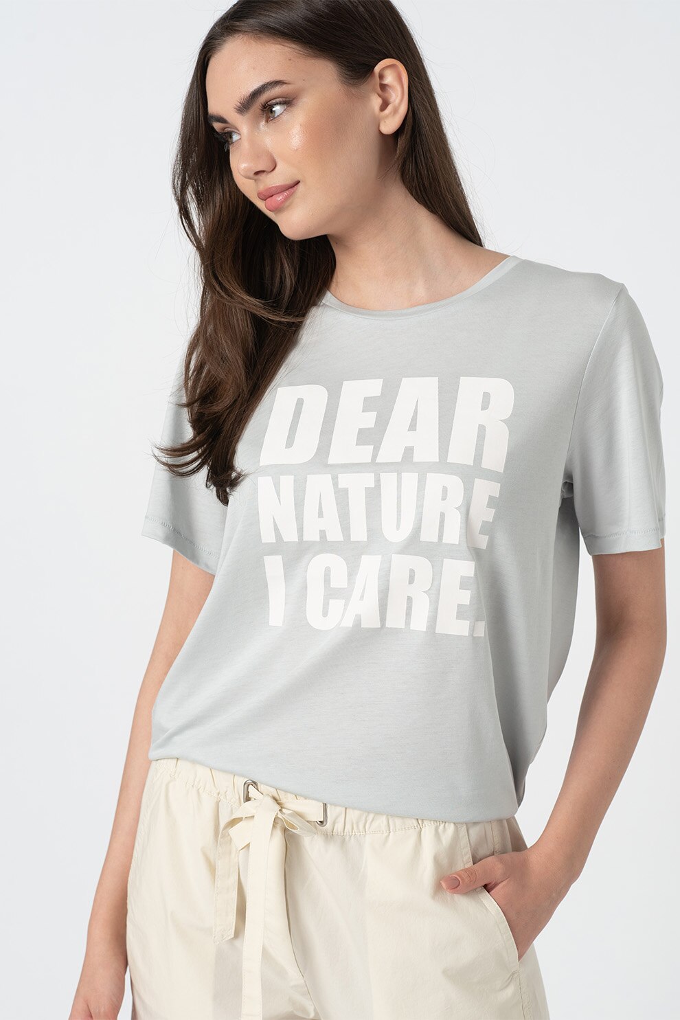 Marc O'Polo, Tricou din amestec de lyocell cu text, Gri deschis/Alb