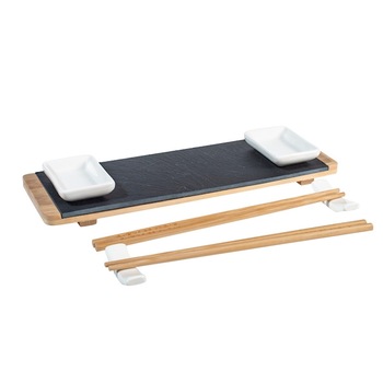Set Servire Sushi, Platou din piatra naturala si bambus cu boluri portelan, 30x10 cm Set Servire Sushi, Platou din piatra naturala si bambus cu boluri portelan, 30x10 cm