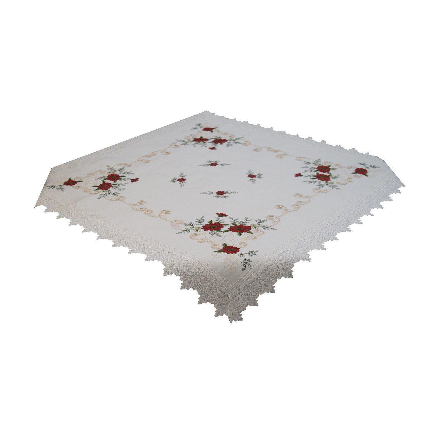 Fata de masa patrata 87 cm x 87 cm cu dantela si broderie Model GF-46 Alb