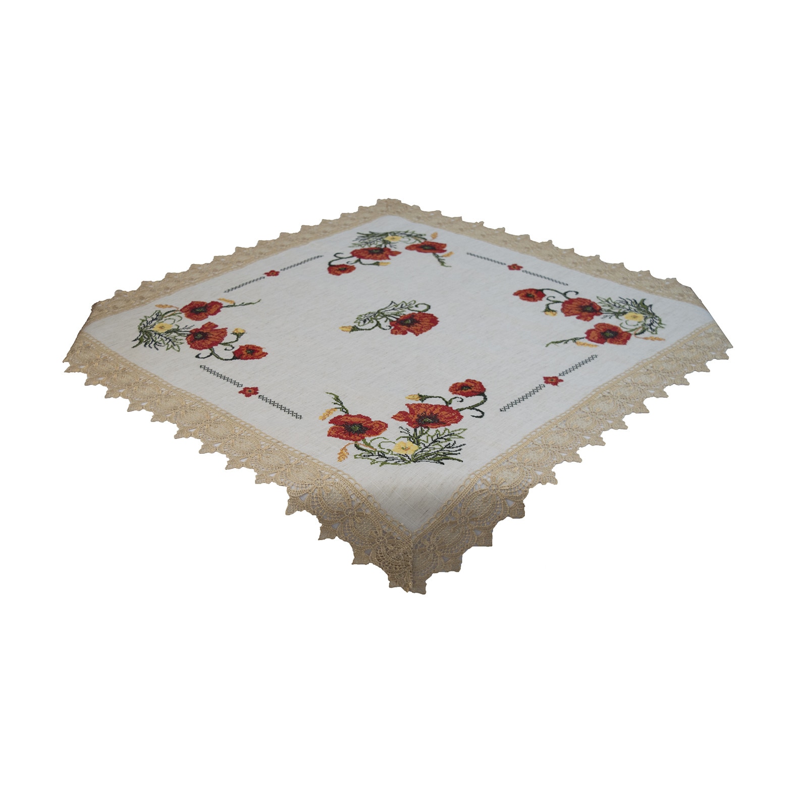 Fata de masa patrata 87 cm x 87 cm cu dantela si broderie Model 1631 Crem Maci