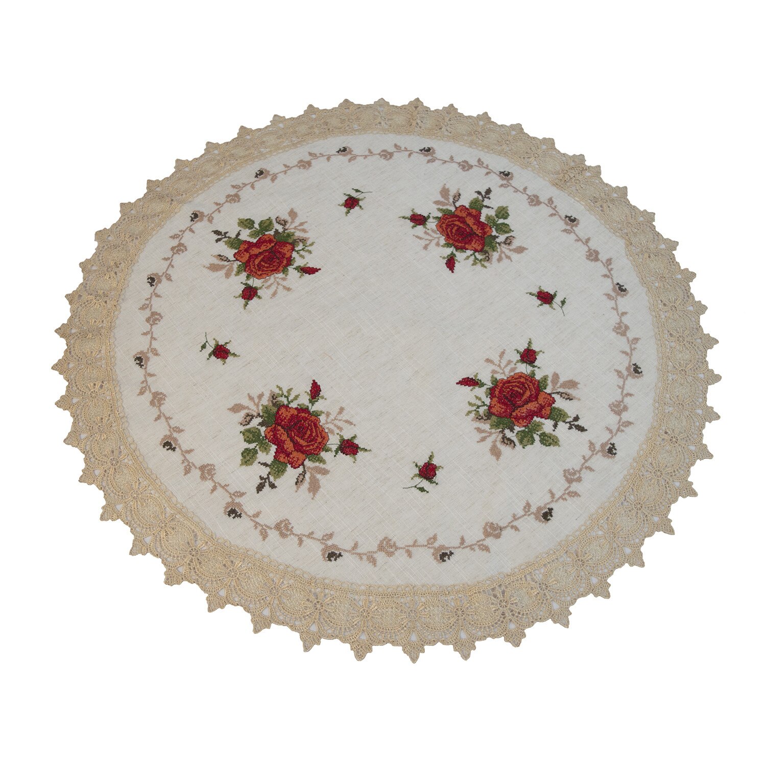 Fata de masa rotunda Ø 85 cm cu dantela si broderie Model 2011-1 Crem Trandafiri