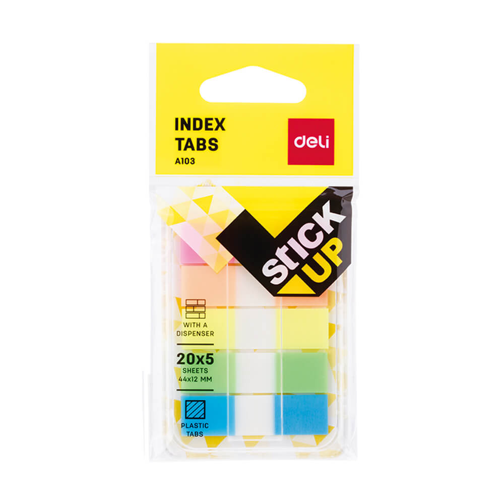 Indecsi Autoadezivi cu Dispenser din Plastic, Deli Stick Up, 44x12 mm, 5 Culori, 100 File