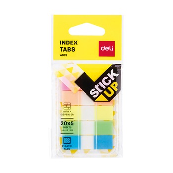 Indecsi Autoadezivi cu Dispenser din Plastic, Deli Stick Up, 44x12 mm, 5 Culori, 100 File Indecsi Autoadezivi cu Dispenser din Plastic, Deli Stick Up, 44x12 mm, 5 Culori, 100 File