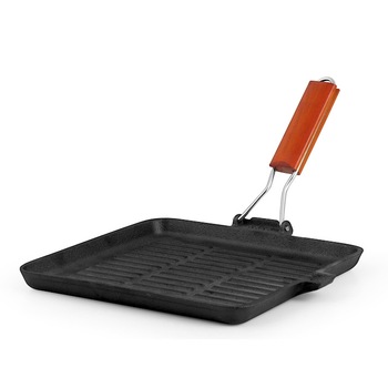 Grill fonta cu maner lemn pliabil, 28 cm Grill fonta cu maner lemn pliabil, 28 cm