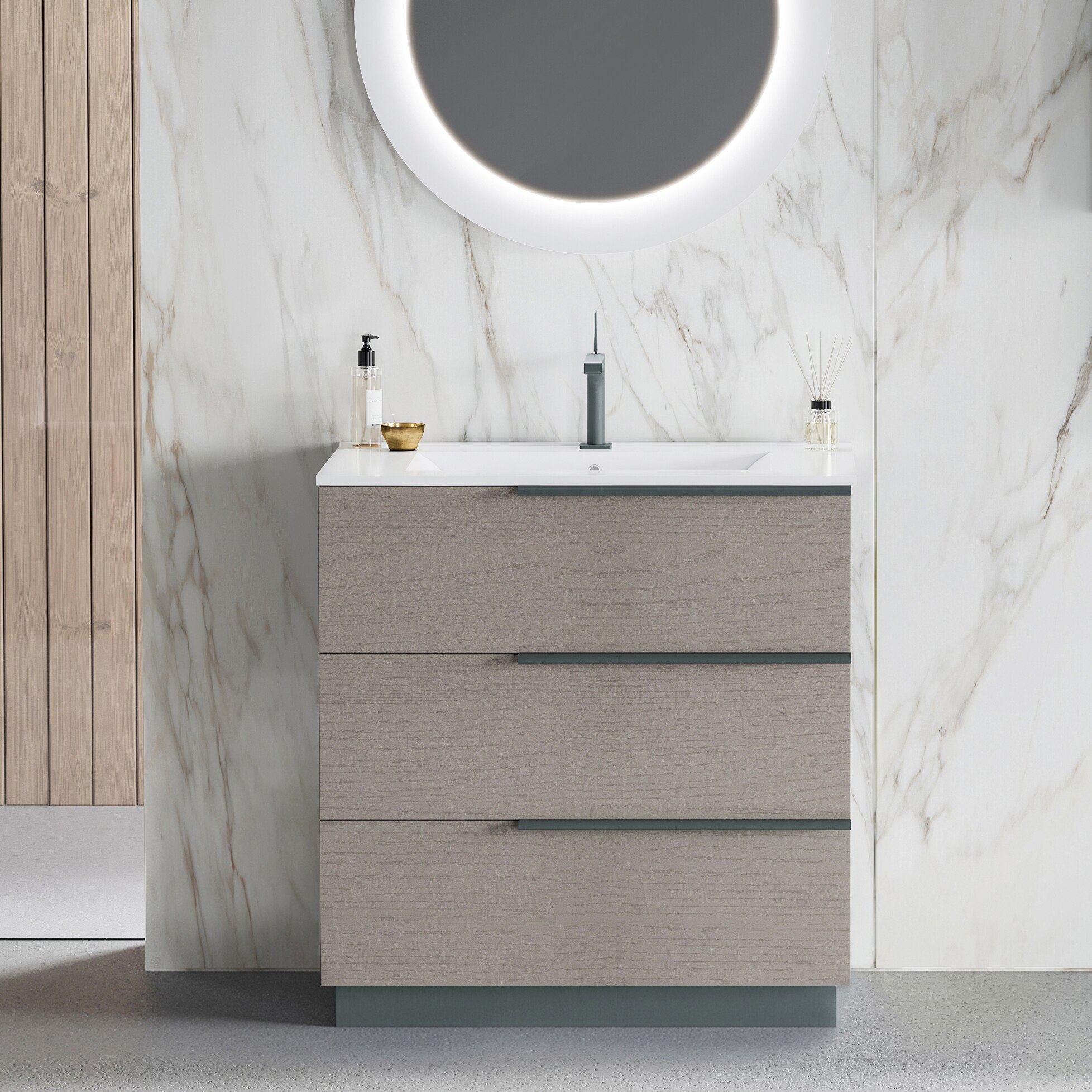 Masca pentru lavoar cu trei sertare Kring Oikos, texturat, maro deschis, 80.2x84x47.8cm