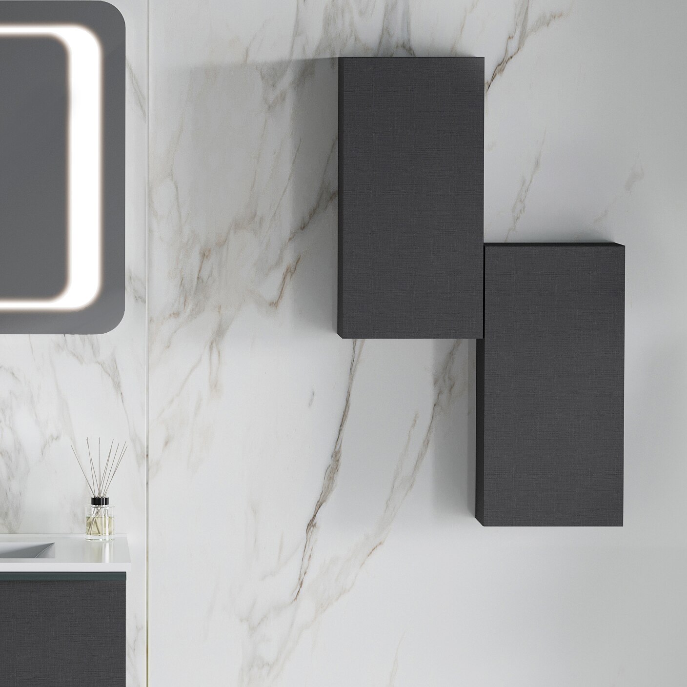 Dulap pentru baie modular Kring, reversibil, cu o usa, texturat, gri antracit, 25x50x15.1 cm