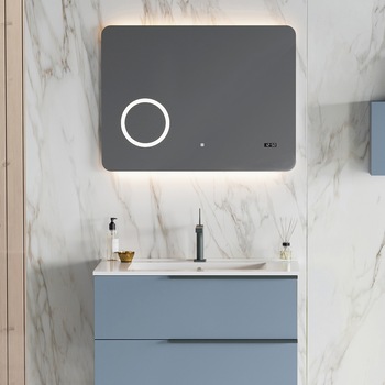 Oglinda cu sistem de iluminare LED, intrerupator touch, ceas si factor de marire, KRING, 80x60x3.4 cm Oglinda cu sistem de iluminare LED, intrerupator touch, ceas si factor de marire, KRING, 80x60x3.4 cm