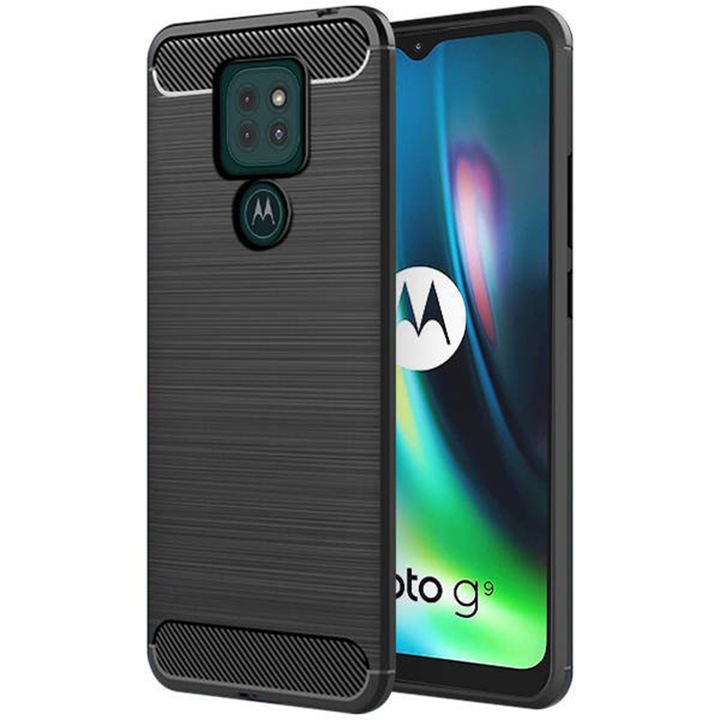 Калъф, съвместим с Motorola Moto G9 Play, текстура от въглеродни влакна, тънка броня, антисоциален матов TPU, черен
