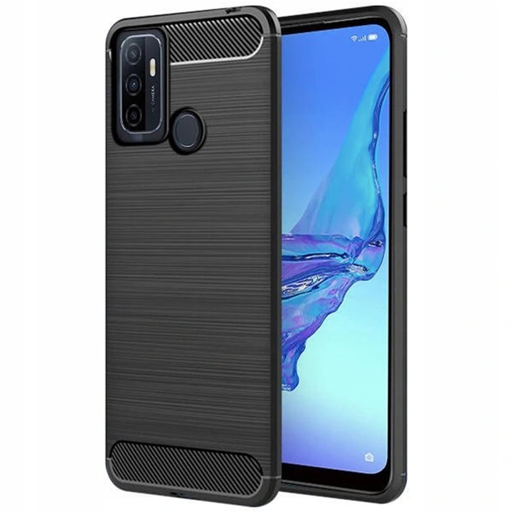 Калъф, съвместим с Oppo A53S 2020, текстура от въглеродни влакна, тънка броня, Antisoc Brushed TPU, черен