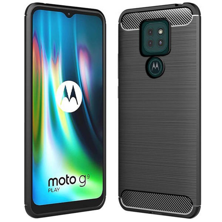 Husa Carbon Defender compatibila cu Motorola Moto G9 Play, Design subtil antialunecare, Margini ridicate, Finisaj mat, Negru