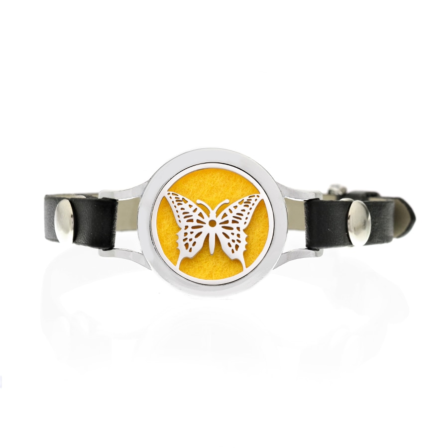 Bratara cu aromoterapie Neo WJ445, Yellow Butterfly, eco-friendly, aliaj de zinc si piele ecologica