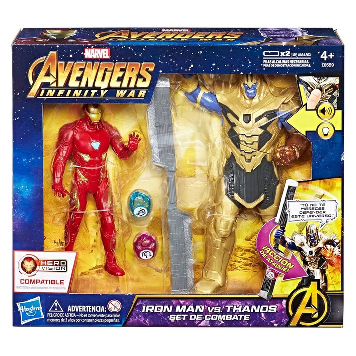 Комплект от 2 фигурки Marvel Avengers, Multicolor, Iron Man vs Thanos, със звукови и светлинни ефекти