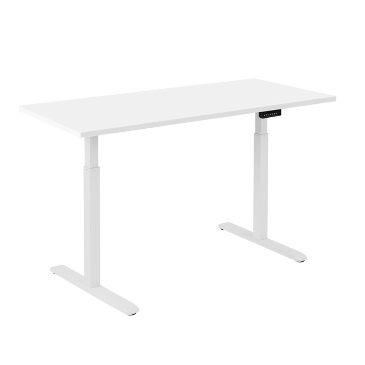 Birou Ergoplus cu inaltime reglabila, cadru alb, blat 1380x670x25mm Alb Premium, memorie si afisaj digital, un motor, greutate sustinuta 80 kg
