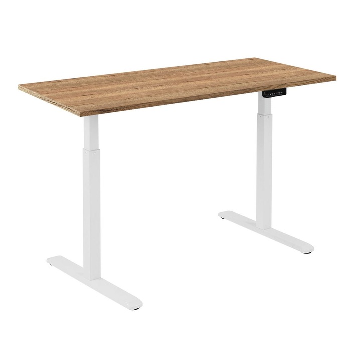 Birou Ergoplus cu inaltime reglabila, cadru alb, blat 1380x670x25mm Stejar Halifax Natur, memorie si afisaj digital, un motor, greutate sustinuta 80 kg