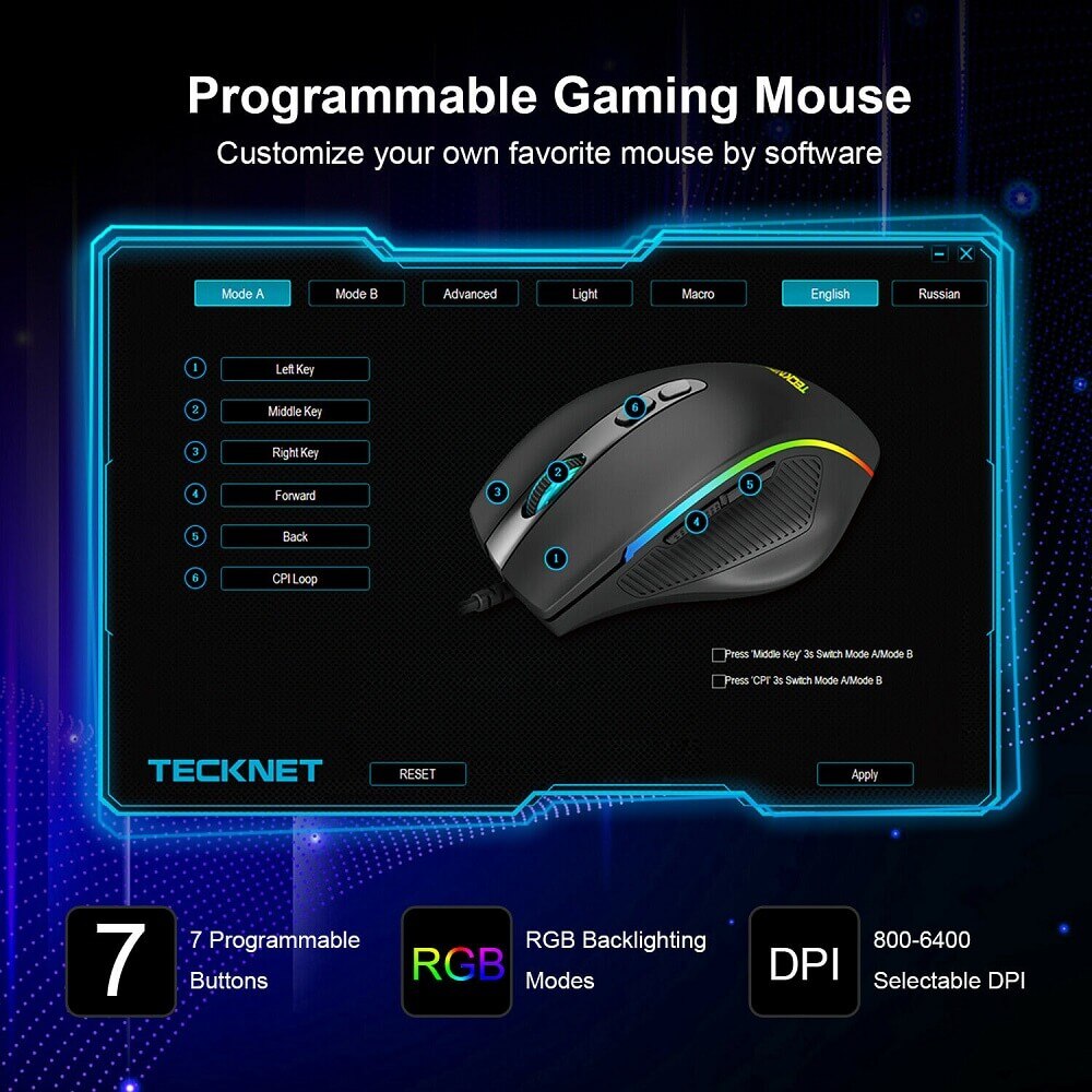 TeckNet EGM01826BA02 RGB Wired Programmable Gaming Mouse - програмируема  геймърска мишка с LED подсветка (черен) 