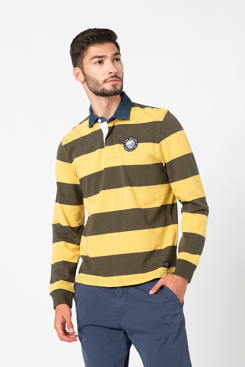 New Zealand Auckland, Bluza polo in dungi Waitakere, Verde militar/Galben, S