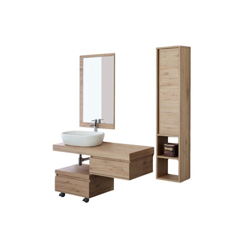 Set de baie Shelf, suspendata, completa, 120x50x150 cm, culoare stejar natural