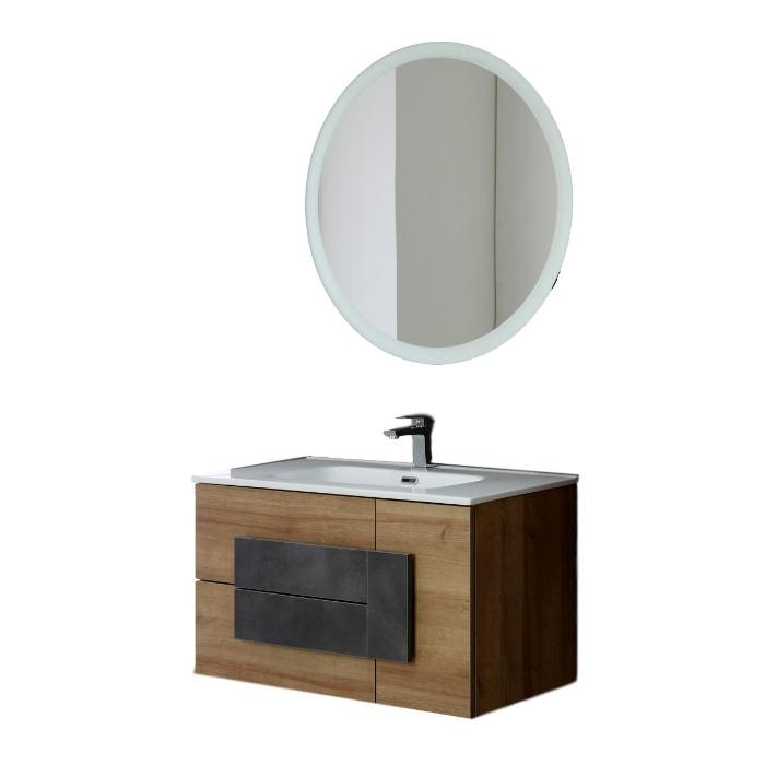 Set Mobilier de baie Urban, suspendat, 80x47x49 cm, culoare stejar natural si ciment