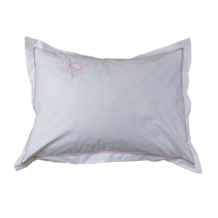 Set 2 x Fata perna clasic iris, broderie, alb/fucsia, bumbac percale, 50/70cm