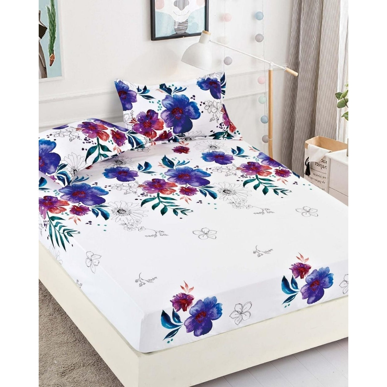 Set Husa de Pat cu Elastic si 2 Fete de Perna pentru Pat Dublu, Finet, Flower Art