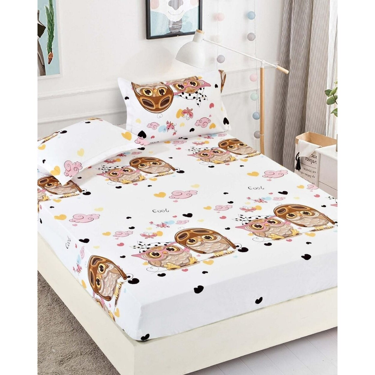 Set Husa de Pat cu Elastic si 2 Fete de Perna pentru Pat Dublu, Finet, Baby Owls