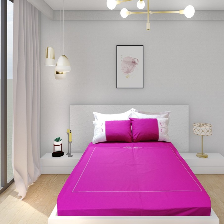 Комплект бродирано спално бельо, за легло 200 x 200 x 38 см, Casa Bucuriei, модел Iris, 6 части, фуксия/бяло, 100% памук, чаршаф 280 x 280, плик за завивка 210 x 230 см