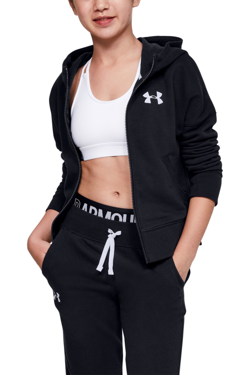 Under Armour, Hanorac cu fermoar si imprimeu logo Rival, Negru