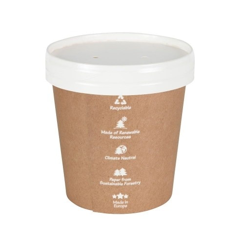 Set 25 boluri biodegradabile imprimate pentru supa cu capac, carton maro, 300ml/12oz