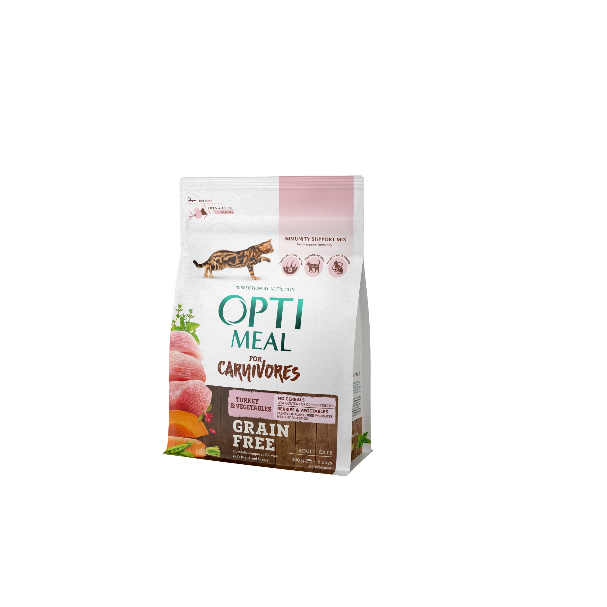 Hrana uscata completa pisici Optimeal, Grain Free Curcan si legume, 0.3kg